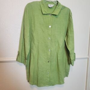 Hot Cotton by Marc Ware Women's L Green 100% Linen Button Down Shirt Made in USA